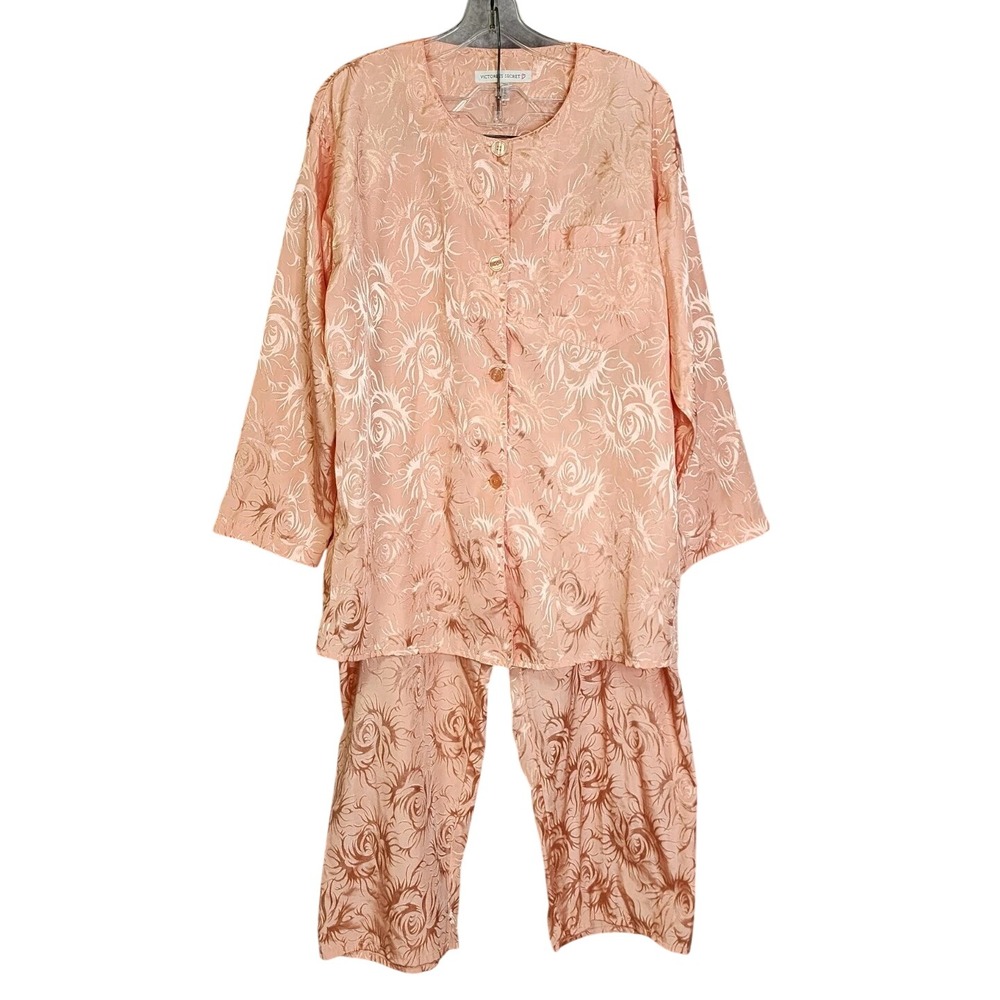 Victoria's Secret Pajama Set Women Medium Peach Floral Jacquard Satin Loungewear